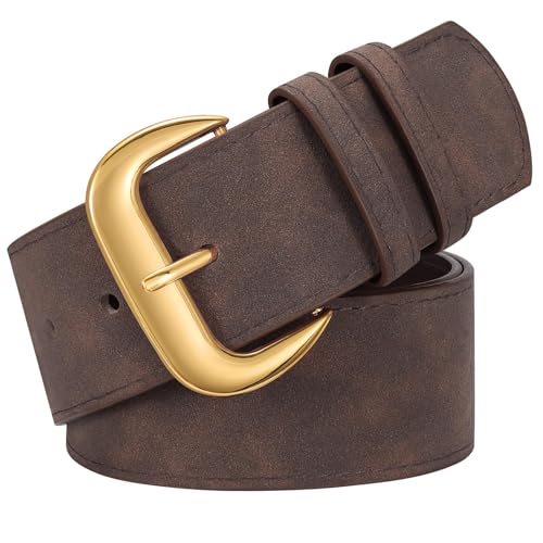 WHIPPY Wide Chunky Belt for Women Dresses Fashion Ladies Thick Suede Belt with Retro Gold Buckle Coffee S