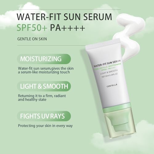 JISKG 2 Pcs Centella Sunscreen, Centella Water-Fit Sun Serum SPF 50+ Light & Smooth Hyalu Cica Sunscreen