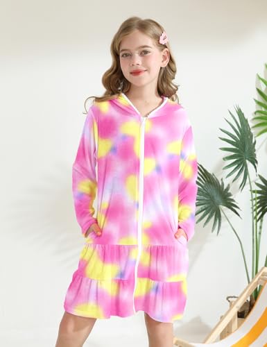 Image of Girls Swim Cover Up Kids Long Sleeve Swimsuit Coverup Terry Beach Pool Clothes with Sunglasses