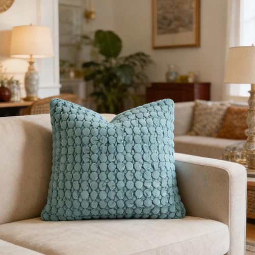 Image of Velvet Pillow Cover 24x24 Teal Textured Bubble Euro Shams