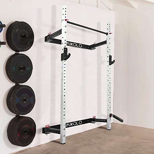 Mikolo Folding Squat Rack,800Lbs Capacity Wall Mounted Power Rack with Pull Up Bar, J Cups, Space Saving Home Gym Equipment (White)