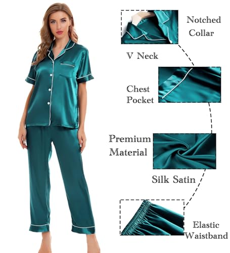 Image of SWOMOG Women Satin Pajamas Set Short Sleeve Top & Pants Sleepwear Silky Button Down Nightwear 2pcs Loungewear Pjs Set