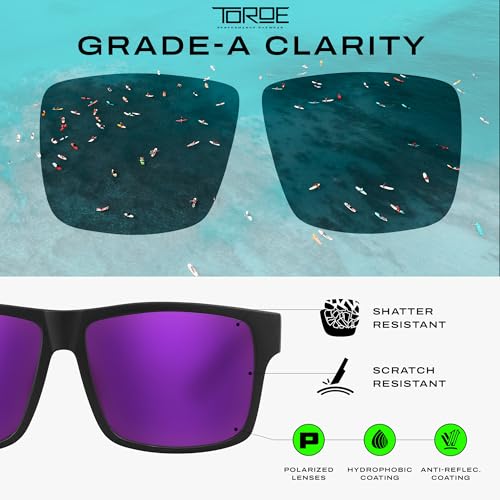 Image of TOROE TR90 Square Frame Grade A Polarized Black Emblem Sunglasses with Anti Reflective Water Repellent Polycarbonate Lenses (Matte Black Frame, Purple Mirror (Category 3))