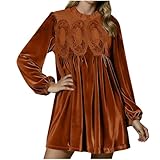 FOCLMP Womens Velvet Mini Dress Holiday Party Cute Long Sleeve Pleated Swing Babydoll Crushed Flowy Crewneck Cocktail Dresses Velvet Dresses for Wedding Gold L