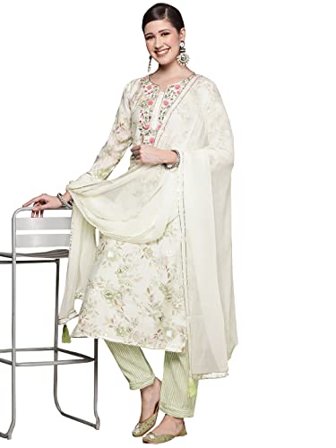 Image of ishin Women's Off White Gotta patti A-Line Kurta set With Trouser and Dupatta