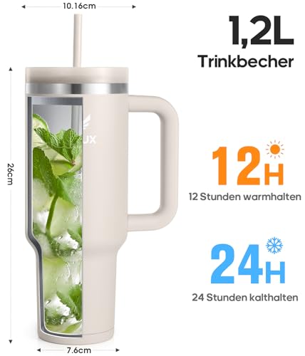 Image of Drinking Bottle with Straw, 1.2 L Thermal Mug with Handle, Leak-Proof | Double wall vacuum insulation, splash proof lid, non-slip silicone base, fits car cup holders