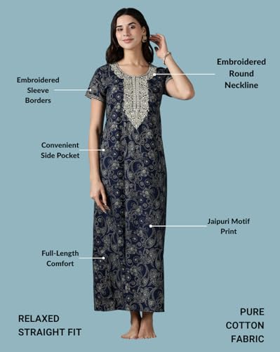 Image of 9shines Label Stylish Pure Cotton Nighty Maxi for Women | Embroidery Neckline Nightgown | A-Line Nightdress with Pocket | Floral Night Gown| Soft Comfortable Cotton Sleepwear (Cotton Yoke)