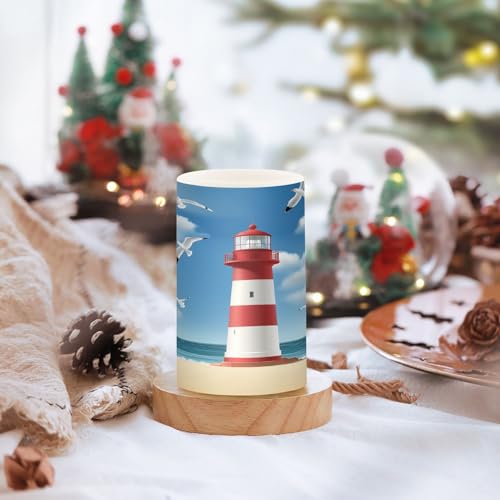 Image of Lighthouse Seagull Beach Flickering Flameless Candles LED Battery Operated with Remote Timer Pillar Candles for Home Birthday Wedding Christmas Decor, Set of 2