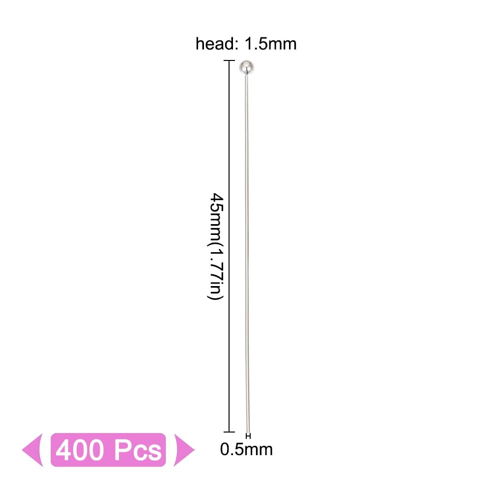 GOMAKERER 400 Pcs Brass Ball Head Pins, Silver 24 Gauge Wire Needle Headpins Long End Head Pins Jewelry Making Accessories for Crafting DIY Handmade
