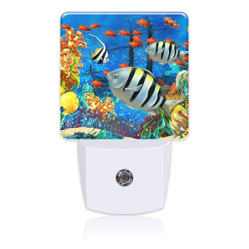 Image of Cartoon Colorful Underwater World Night Light Plug into Wall with Dusk to Dawn Sensor Cute Nightlight for Kid Girls Boys Women Men Room Decor, Hallway, Kitchen, Bathroom, Nursery, Stairs