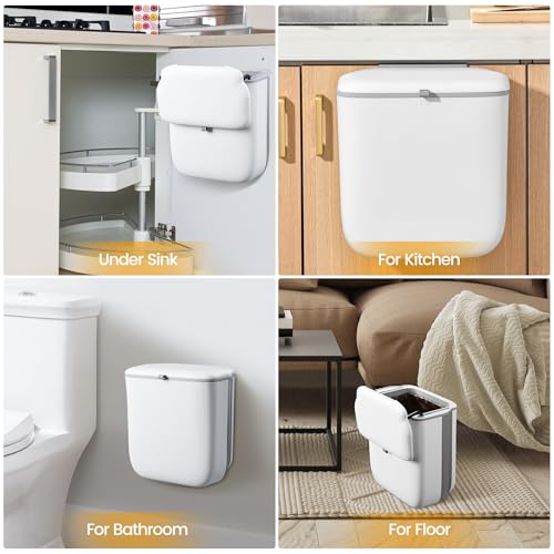 Pixaro Food Waste Bin Hanging Trash Bin with Lid,10L Rubbish Under Kitchen Counter Bins and Under Sink Bin,Wall Sticking Food Waste Caddy for Bathroom,Toilet Rubbish Bin - Image 6
