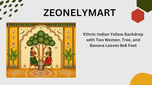 Image of roka Ceremony Decoration Backdrop | Wedding Ceremony Backdrop | Ethnic Indian Yellow Backdrop with Two Women, Tree, and Banana Leaves 8x8 Feet | varalakshmi Pooja Backdrop