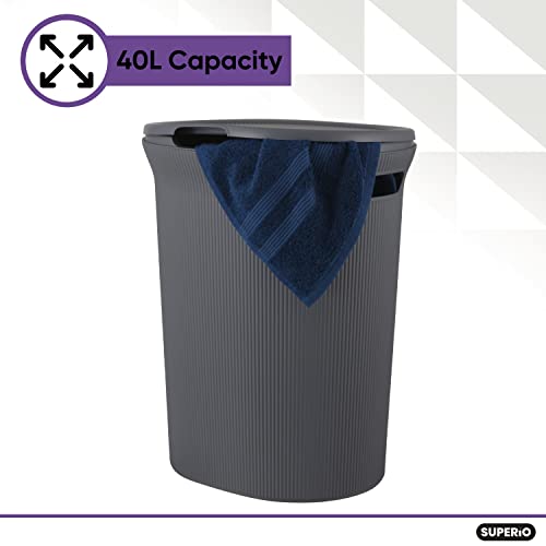 Image of Superio Ribbed Collection - Decorative Plastic Laundry Hamper with Lid and Cut-Out Handles, Grey (1 Pack) Basket Organzier for Bedroom Bathroom College Dorm Room 40 Liter