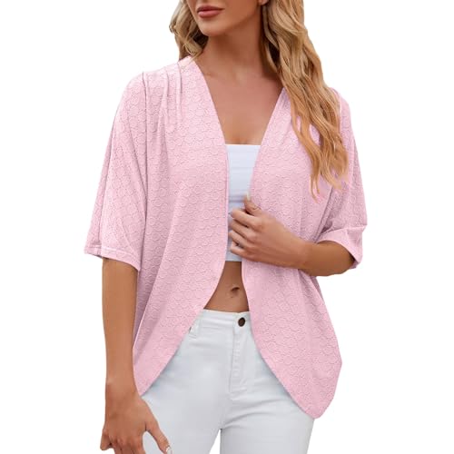 Bauzuoyo Cárdigan corto para mujer, color liso, bordado con agujeros, cárdigan suelto, informal, transpirable, con frente abierto, kimono de punto, media manga, chaqueta de entretiempo, ligera y fina
