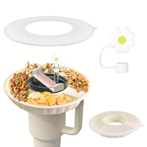 ZDNT Tazón de Merienda Compatible con Stanley 40 oz, Bandeja de Silicona para Aperitivos Stanley,Snack Bowl for Stanley Cup con Tapa,Bandeja Reutilizable para Aperitivos para Hogar Exterior,Blanco