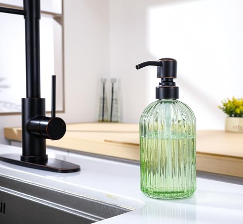 Image of 16Oz Green Glass Soap Dispenser with Rust Proof Bronze Stainless Steel Pump, Green Countertop Refillable Liquid Lotion Dispensers with Stainless Steel Pump, Oil Rubbed Bronze Soap Dispenser,2 Packs