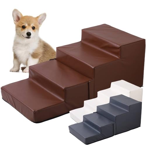 life_mart ドッグステップ 犬 【 段差を増やせる!2段 4段 高さ32cm 変動タイプ 】 コンパクト収納 ソファー 階段 ドッグスロープ レザー 滑り止め ベッド ステップ ペット用ステップ 収納 犬用階段 踏み台 介護 (ブラウン)