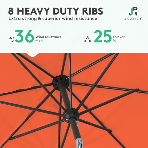 Image of JEAREY Outdoor Patio Umbrella 9FT Outdoor Table Umbrella with Push Button Tilt and Crank, Market Umbrellas 8 Sturdy Ribs UV Protection Waterproof for Garden, Deck, Pool (Red Orange)