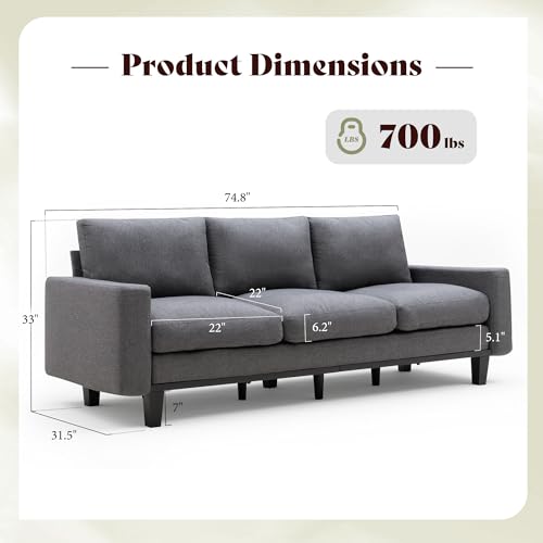 AMERLIFE 3 Seater Sofa with Deep Seat, 74.8\" Modern Fabric Couch for Living Room, Full Metal Support, Pet-Friendly Comfy Sofa, Standard Couch for Bedroom & Apartment, Grey Linen