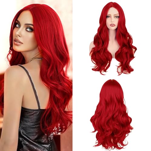 KBIBCK Parrucca rossa da donna, 24 pollici, colore rosso vinaccia, lunga parrucca lunga da donna, parrucca ondulata, parrucca lunga da donna, parrucche a capelli lunghi da donna, colore rosso