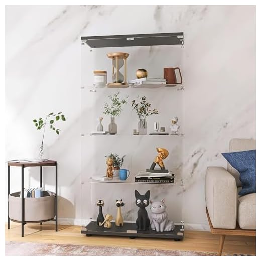 LFT HUIMEI2Y 4-Shelf Glass Display Cabinet with Double Door, Fast Installation in 30 Mins, Curio Cabinets 5mm Tempered Glass Floor Standing Bookshelf for Bedroom, Living Room 64.7”x 32”x 14.4” Black