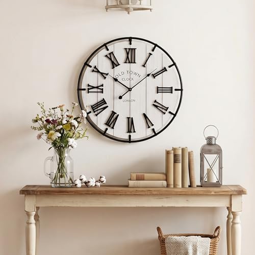 Image of EMAX HOME Large 20 Inch Farmhouse Wall Clock, Distressed White Wood Grain Dial with Heavy Duty Black Metal Frame, Silent Non-Ticking Sweep Movement for Living Room, Bedroom, Kitchen or Entryway