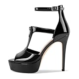 Only maker High Heel Sandals Stiletto Platform Peep-Toe for Women with T-Strap Adjustable Ankle Strap Buckle Patent Leather Black Size 5