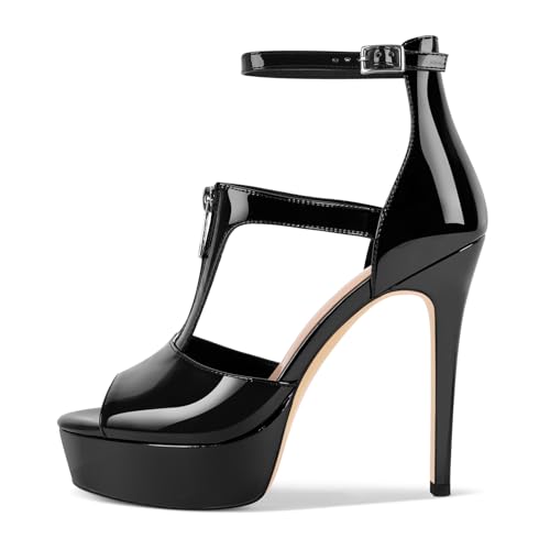 Only maker High Heel Sandals Stiletto Platform Peep-Toe for Women with T-Strap Adjustable Ankle Strap Buckle Patent Leather Black Size 5