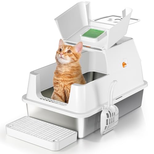 Image of Stainless Steel Cat Litter Box with Lid, 180 Flip-Top XL Extra Large Enclosed Litter Box, Covered Metal High Sided Litter Pan with Steps & Scoop, Easy Cleaning, Odor Control,Non-Sticky-White