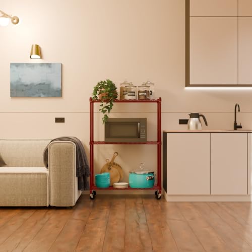 Image of 3-Shelves Wheels Heavy Duty Steel Storage Rack | Multipurpose Shelving Unit for Kitchen, Home & Utility | Red, 3 Shelves Wheels