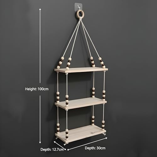 Image of 3Tier Hanging Shelf with Magic Hook, Use Decor Plants, Books, Decorative Gift Items Nursery Livingroom Wooden Beads & Ring Woven Bohemian Chic for Dorm