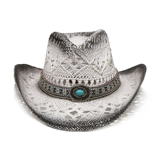 Image of YOUBADU Western Straw Cowboy and Cowgirl Hats with Decorative Bands - Unisex Wide Brim Raffia Style Sun Hat