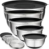 Belwares Mixing Bowls with Lids Set of 5 - Stainless Steel Mixing Bowl Set, Kitchen Nesting Metal Bowls with Non Slip Bottoms + 3 Grater Attachments, Airtight Lids, Food Prep + Storage, Matte Black