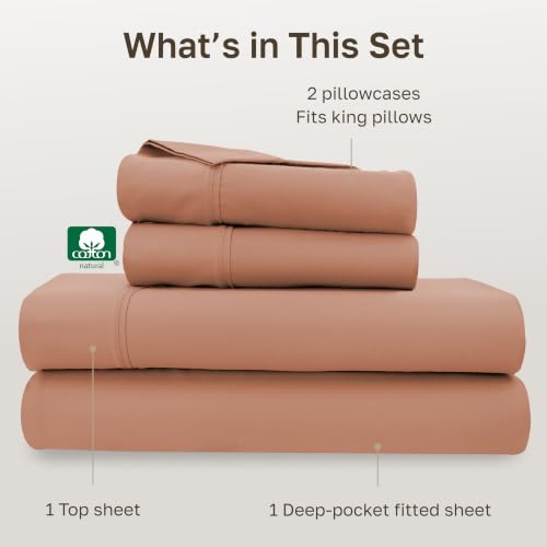 Image of California Design Den Cal King Sheets Set - Soft 400 Thread Count Sateen, Natural 100% Cotton California King Sheets Deep Pockets, All Around Elastic for a Snug Fit, Durable Bedding - Fresh Clay