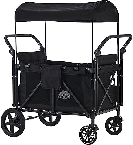 Wagon Stroller for 4 Kids, Wagon Cart with 4 High Face-to-Face Seats and Removable Canopy, Foldable Stroller Wagon with Wheels and Double Adjustable Push Bars for Beach, Garden, Camping, Park (Black)