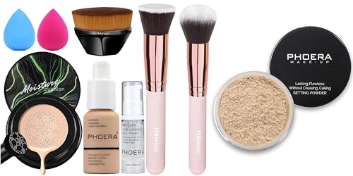 PHOERA Foundation,Mushroom Head Air Cushion CC Cream Natural Foundation,PHOERA Foundation Face Powder, Soft Focus Setting Powder