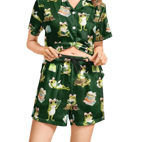 Image of Funny Pajamas for Women Set Print Satin Loungewear Pjs Short Sleeve Button Down Top and Shorts Sets Sleepwear XS-3XL