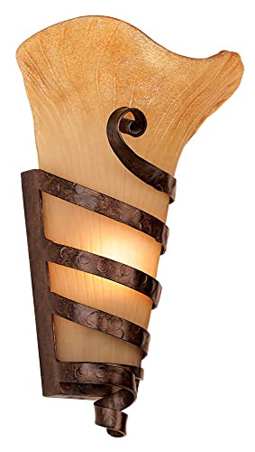 Image of Franklin Iron Works Solara Farmhouse Rustic Wall Light Sconces Set of 2 Rust Hardwired 10 inch Fixture Iron Ribbon Scavo Art Glass for Bedroom Bedside Bathroom Vanity Living Room Hallway Dining House