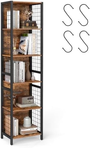 VASAGLE Bücherregal, Büroregal, Küchenregal, Standregal mit 6 Ablagen, 4 S-Haken, 30 x 40 x 175,6 cm, für Büro, Wohnzimmer, Arbeitszimmer, vintagebraun-tintenschwarz LLS170K01