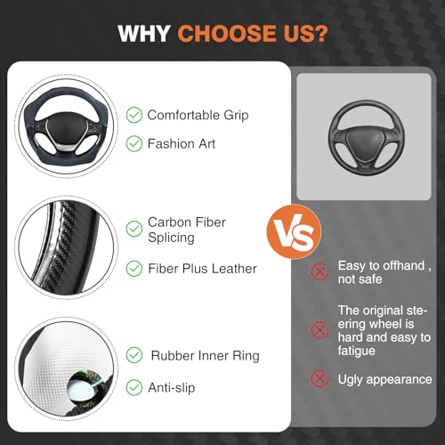 Ozicali Black Carbon Fiber Leather Steering Wheel Cover,Universal for 14.5-15 inch Steering Wheel,Anti-Slip,Sport Steering Wheel Cover - Image 6