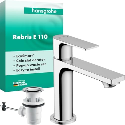 hansgrohe Rebris E - Waschtischarmatur mit Zugstangen-Ablauf, Wasserhahn Bad mit Auslauf Höhe 109 mm, Mischbatterie Waschbecken wassersparend (EcoSmart), Chrom, 72557000