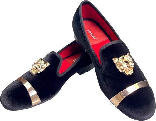 Justar Men's Velvet Penny Loafers Slip-on Dress Shoes with Gold Buckle Wedding Party Prom Shoes