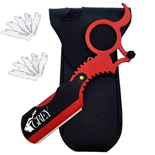 Straight Edge Razor | Razors For Men | Eyebrow Razor | Best for Straight Razor Blades | Essential for Razor Kit | Finger Ring Texture Coated Razor by Grey (Red)