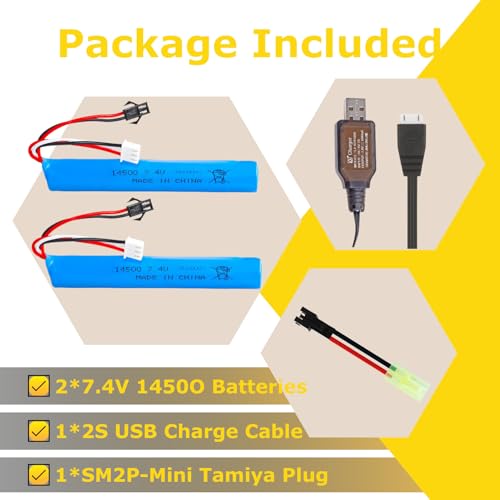 OooSure 2 pcs 7.4V 700mAh 1450cell*2 Lipo Airsoft Gun Batteries with 2S Charging Cable and SM2P to Mini Tamiya Switch Cable for Airsoft Gel Guns Type I - Thumbnail 7
