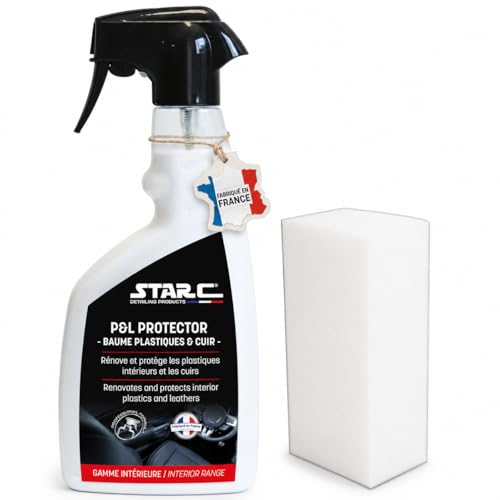 Starc Baume Plastique Cuir Voiture + Éponge Vinyle – Rénovateur Siège Cuir Skaï Tableau de Bord Finition Mate – Antistatique Parfum Cuir Neuf – Prêt à l'emploi 500ml Detailing