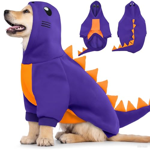 Lelepet Halloween Dog Dinosaur Costume, Warm Fleece Hoodie for Large Dogs, Winter Pet Sweatshirt, Funny Dog Cosplay Party Costume Puppy Jumpsuit, Purple XL