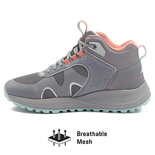 Avia Vamp Women’s Hiking Boots, Mid Top Ankle Trail Shoes for All Weather - Grey/Pink/Green, 8 Mediu