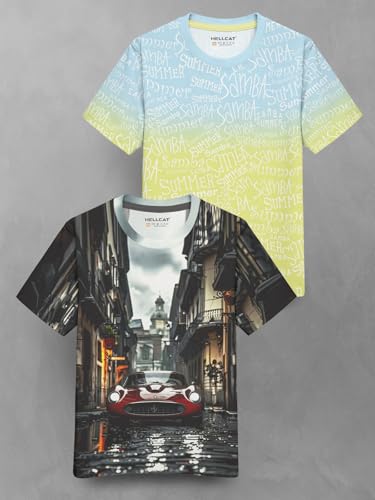 Image of HELLCAT Trendy Front & Back Graphic Printed Cotton Blend Half Sleeve Premium Round Neck Tshirt for Boys - Pack of 2