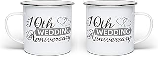 Pair of Wedding Anniversary - Two Hearts (10th Tin) Enamel Tin Novelty Gift Mugs - White