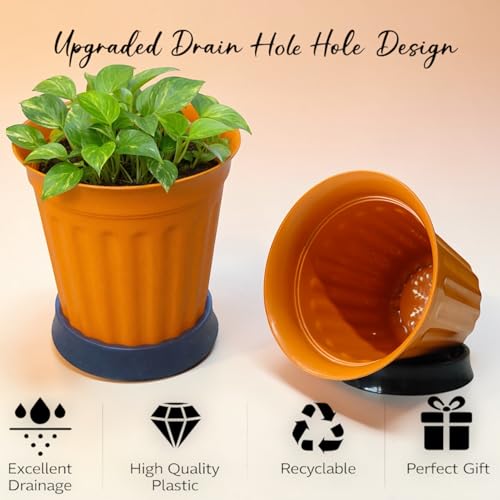 Image of TechHark Orange Plastic Plant Pots with Saucer, Ribbed Style, for Indoor and Outdoor Use, Set of 5